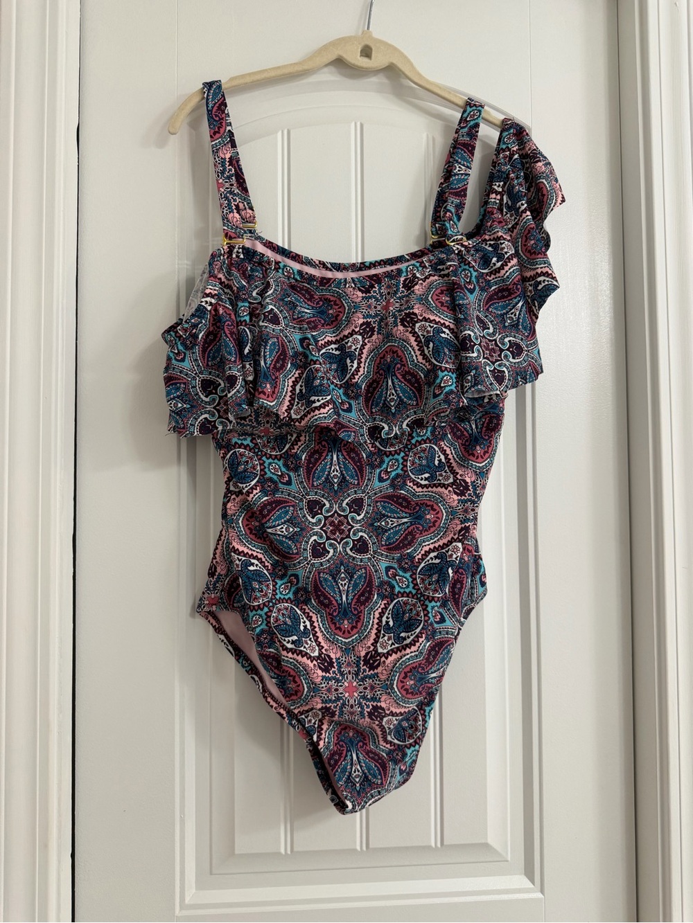 Paisley One-Shoulder Ruffle Swimsuit in Pink & Teal